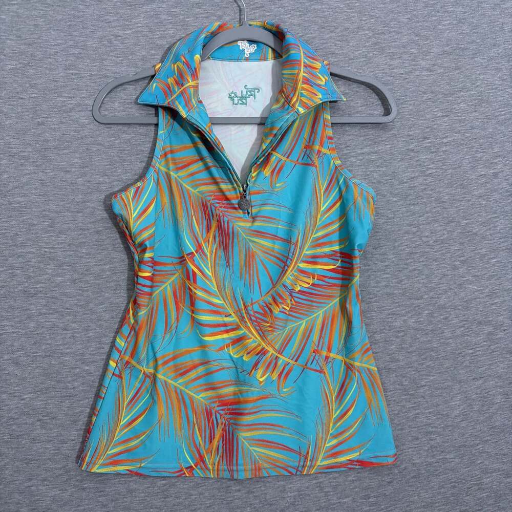TZU TZU Women's Small Sport Sleeveless Golf Top Palm Leaf Print Quarter Zip